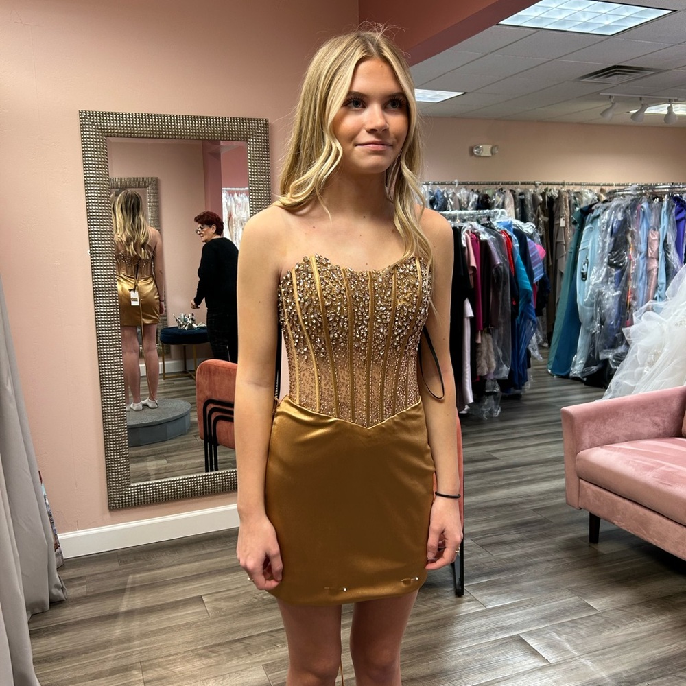 Alyce Paris Strapless Gold Homecoming Dress